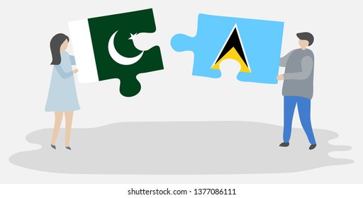 Couple holding two puzzles pieces with Pakistani and Saint Lucian flags. Pakistan and Saint Lucia national symbols together.