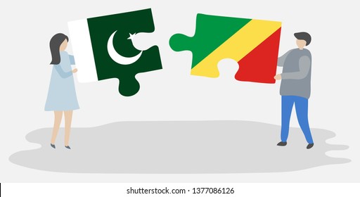 Couple holding two puzzles pieces with Pakistani and Congolese flags. Pakistan and Republic of the Congo national symbols together.