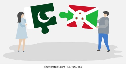 Couple holding two puzzles pieces with Pakistani and Burundian flags. Pakistan and Burundi national symbols together.