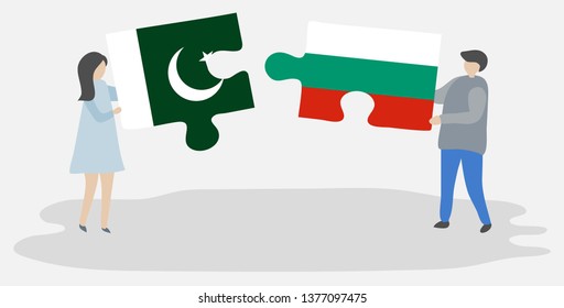 Couple holding two puzzles pieces with Pakistani and Bulgarian flags. Pakistan and Bulgaria national symbols together.