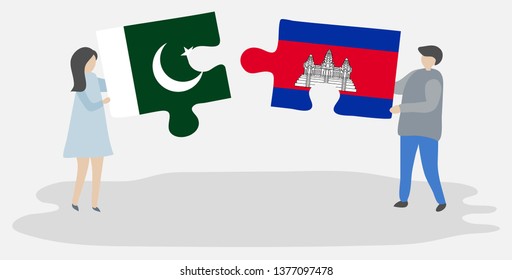Couple holding two puzzles pieces with Pakistani and Cambodian flags. Pakistan and Cambodia national symbols together.