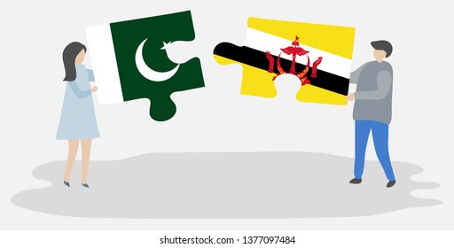 Couple holding two puzzles pieces with Pakistani and Bruneian flags. Pakistan and Brunei national symbols together.