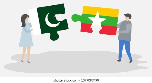 Couple holding two puzzles pieces with Pakistani and Burmese flags. Pakistan and Myanmar national symbols together.