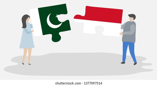 Couple holding two puzzles pieces with Pakistani and Monegasque flags. Pakistan and Monaco national symbols together.