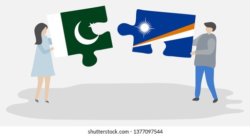 Couple holding two puzzles pieces with Pakistani and Marshallese flags. Pakistan and Marshall Islands national symbols together.