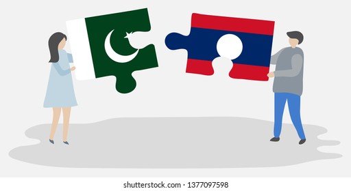 Couple holding two puzzles pieces with Pakistani and Lao flags. Pakistan and Laos national symbols together.