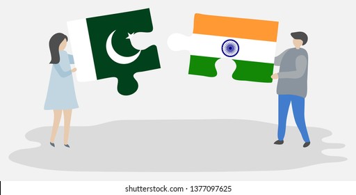 Couple holding two puzzles pieces with Pakistani and Indian flags. Pakistan and India national symbols together.
