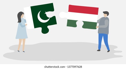 Couple holding two puzzles pieces with Pakistani and Hungarian flags. Pakistan and Hungary national symbols together.