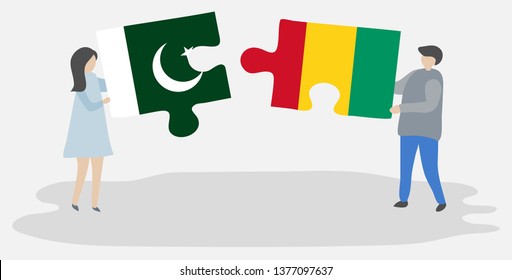 Couple holding two puzzles pieces with Pakistani and Guinean flags. Pakistan and Guinea national symbols together.