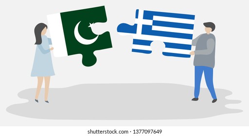 Couple holding two puzzles pieces with Pakistani and Greek flags. Pakistan and Greece national symbols together.