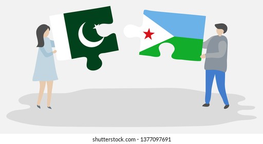 Couple holding two puzzles pieces with Pakistani and Djiboutian flags. Pakistan and Djibouti national symbols together.