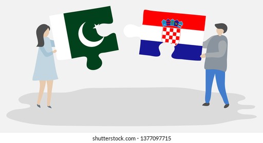 Couple holding two puzzles pieces with Pakistani and Croatian flags. Pakistan and Croatia national symbols together.