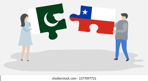 Couple holding two puzzles pieces with Pakistani and Chilean flags. Pakistan and Chile national symbols together.