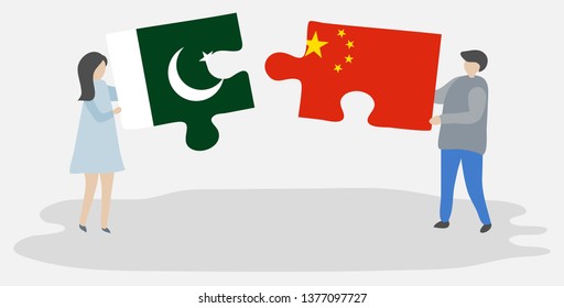 Couple holding two puzzles pieces with Pakistani and Chinese flags. Pakistan and China national symbols together.