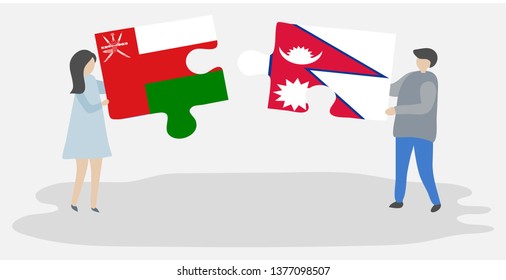 Couple holding two puzzles pieces with Omani and Nepalese flags. Oman and Nepal national symbols together.