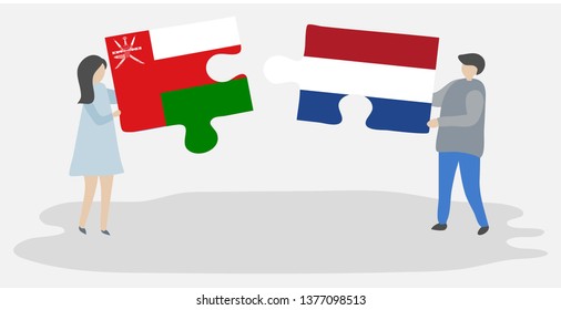 Couple holding two puzzles pieces with Omani and Dutch flags. Oman and Netherlands national symbols together.