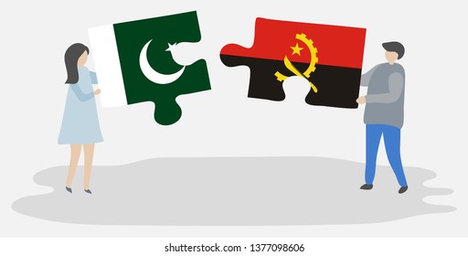 Couple holding two puzzles pieces with Pakistani and Angolan flags. Pakistan and Angola national symbols together.