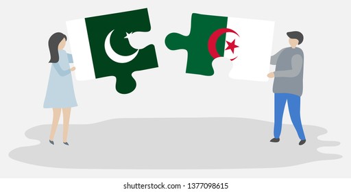 Couple holding two puzzles pieces with Pakistani and Algerian flags. Pakistan and Algeria national symbols together.