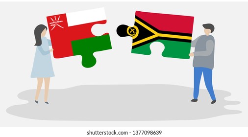 Couple holding two puzzles pieces with Omani and Vanuatuan flags. Oman and Vanuatu national symbols together.