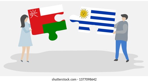 Couple holding two puzzles pieces with Omani and Uruguayan flags. Oman and Uruguay national symbols together.