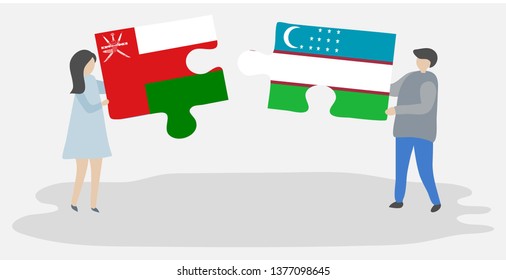 Couple holding two puzzles pieces with Omani and Uzbek flags. Oman and Uzbekistan national symbols together.