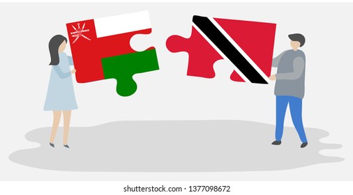 Couple holding two puzzles pieces with Omani and Trinidadian flags. Oman and Trinidad and Tobago national symbols together.