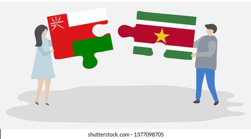 Couple holding two puzzles pieces with Omani and Surinamese flags. Oman and Suriname national symbols together.
