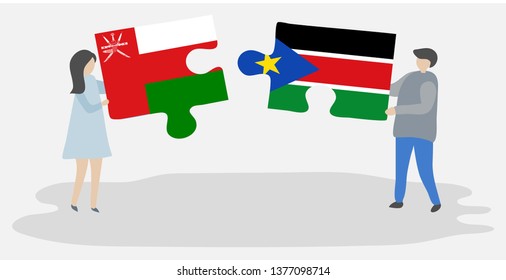 Couple holding two puzzles pieces with Omani and South Sudanese flags. Oman and South Sudan national symbols together.