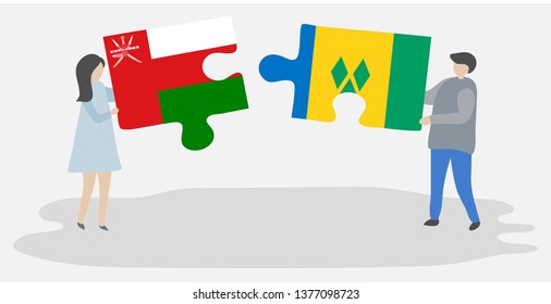Couple holding two puzzles pieces with Omani and Vincentian flags. Oman and Saint Vincent and the Grenadines national symbols together.