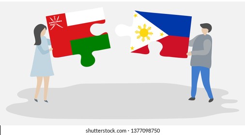 Couple holding two puzzles pieces with Omani and Filipino flags. Oman and Philippines national symbols together.