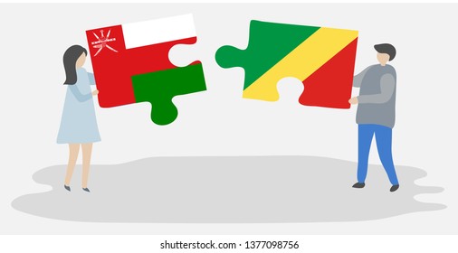 Couple holding two puzzles pieces with Omani and Congolese flags. Oman and Republic of the Congo national symbols together.