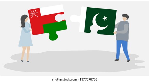 Couple holding two puzzles pieces with Omani and Pakistani flags. Oman and Pakistan national symbols together.