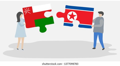 Couple holding two puzzles pieces with Omani and North Korean flags. Oman and North Korea national symbols together.