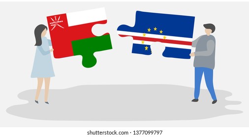 Couple holding two puzzles pieces with Omani and Cabo Verdean flags. Oman and Cape Verde national symbols together.
