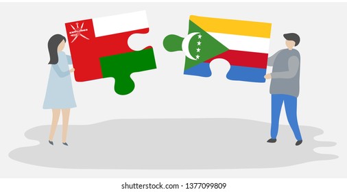 Couple holding two puzzles pieces with Omani and Comoran flags. Oman and Comoros national symbols together.