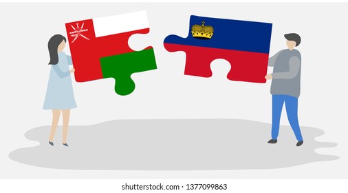 Couple holding two puzzles pieces with Omani and Liechtenstein flags. Oman and Liechtenstein national symbols together.