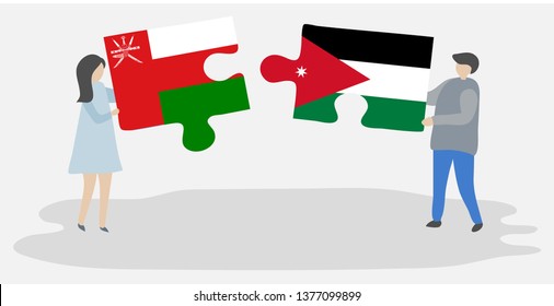 Couple holding two puzzles pieces with Omani and Jordanian flags. Oman and Jordan national symbols together.