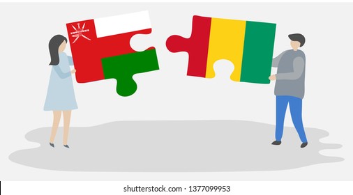 Couple holding two puzzles pieces with Omani and Guinean flags. Oman and Guinea national symbols together.
