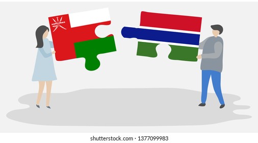 Couple holding two puzzles pieces with Omani and Gambian flags. Oman and Gambia national symbols together.