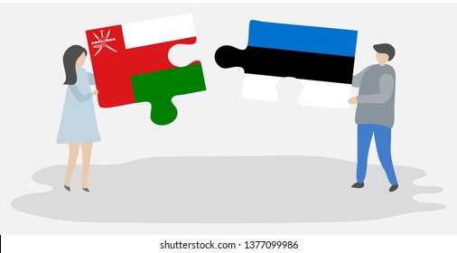 Couple holding two puzzles pieces with Omani and Estonian flags. Oman and Estonia national symbols together.