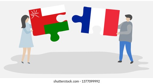 Couple holding two puzzles pieces with Omani and French flags. Oman and France national symbols together.