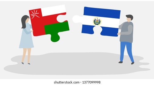 Couple holding two puzzles pieces with Omani and Salvadoran flags. Oman and El Salvador national symbols together.