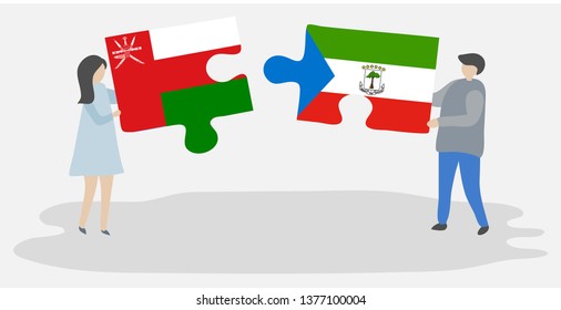 Couple holding two puzzles pieces with Omani and Equatorial Guinean flags. Oman and Equatorial Guinea national symbols together.