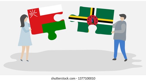 Couple holding two puzzles pieces with Omani and Dominican flags. Oman and Dominica national symbols together.