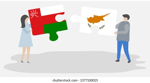 Couple holding two puzzles pieces with Omani and Cypriot flags. Oman and Cyprus national symbols together.