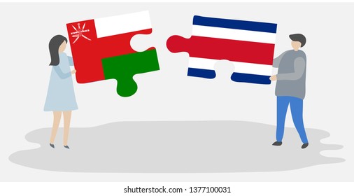 Couple holding two puzzles pieces with Omani and Costa Rican flags. Oman and Costa Rica national symbols together.