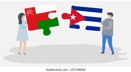 Couple holding two puzzles pieces with Omani and Cuban flags. Oman and Cuba national symbols together.