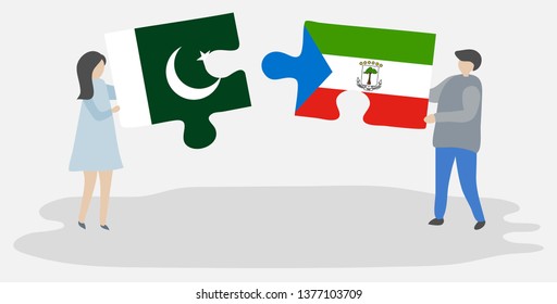 Couple holding two puzzles pieces with Pakistani and Equatorial Guinean flags. Pakistan and Equatorial Guinea national symbols together.