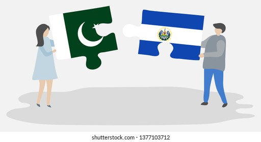 Couple holding two puzzles pieces with Pakistani and Salvadoran flags. Pakistan and El Salvador national symbols together.