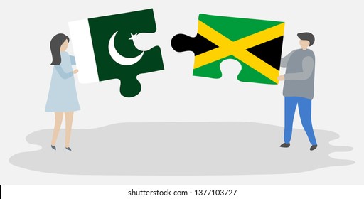 Couple holding two puzzles pieces with Pakistani and Jamaican flags. Pakistan and Jamaica national symbols together.